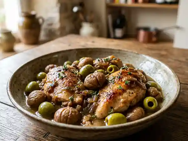 Poulet fondant aux châtaignes et olives vertes - Photo de présentation