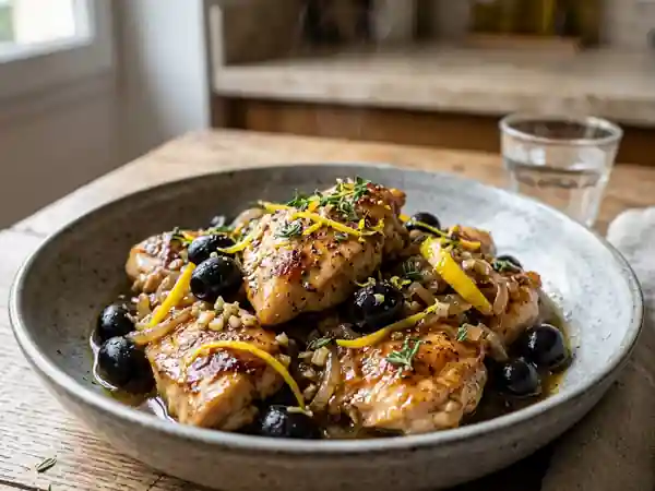 Poulet mijoté aux olives noires et citron : recette savoureuse et facile - Photo de présentation
