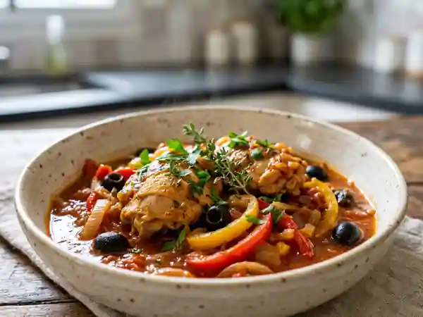 Poulet fondant aux poivrons et olives noires - Photo de présentation