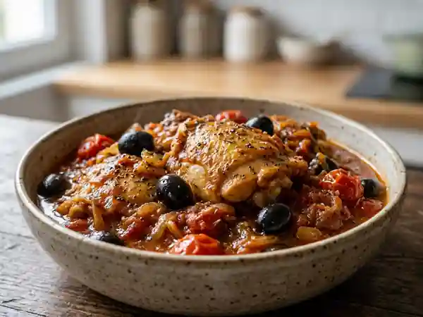 Poulet fondant aux tomates et olives noires - Photo de présentation