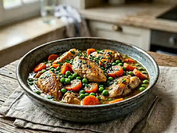 Poulet mijoté en cocotte aux petits pois et carottes - Photo de présentation
