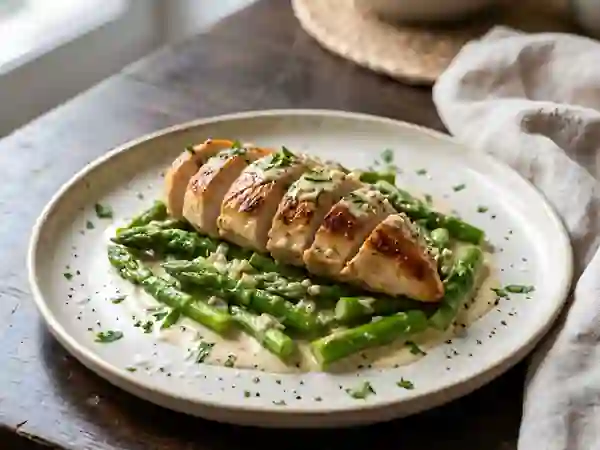 Poulet onctueux aux asperges et crème d'ail - Photo de présentation