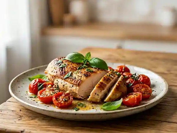 Poulet fondant aux tomates cerises et basilic - Photo de présentation