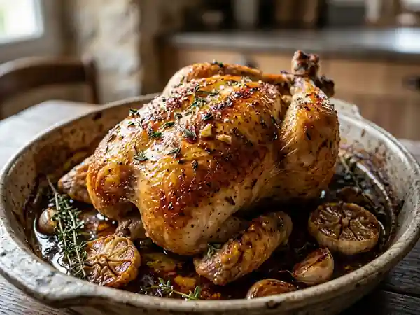 Poulet rôti au beurre d'ail et thym craquant - Photo de présentation