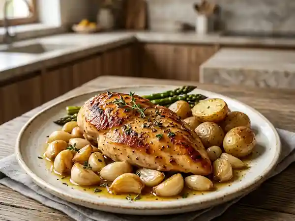 Poulet doré à l'ail confit et thym - Photo de présentation