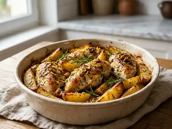 Poulet juteux au citron et pommes de terre rôties - Photo de présentation