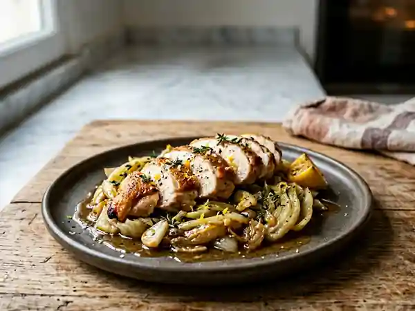 Poulet rôti au fenouil fondant et aux herbes fraîches - Photo de présentation