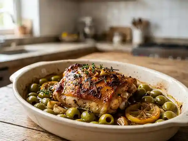 Poulet rôti aux olives vertes et herbes de Provence au four - Photo de présentation