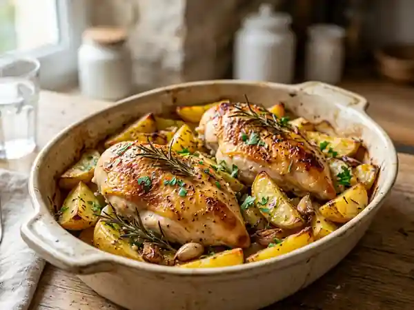 Poulet doré au romarin et pommes de terre fondantes - Photo de présentation