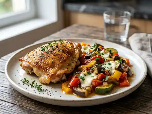 Poulet rôti et sa ratatouille crémeuse au chèvre - Photo de présentation