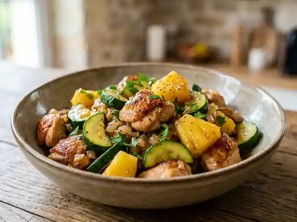 Sauté de poulet fondant, ananas et courgettes - Photo de présentation