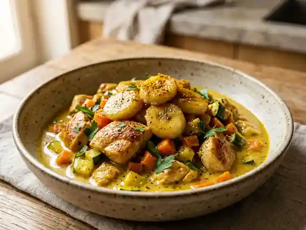 Poulet au Curry Fondant et Bananes Poêlées - Photo de présentation