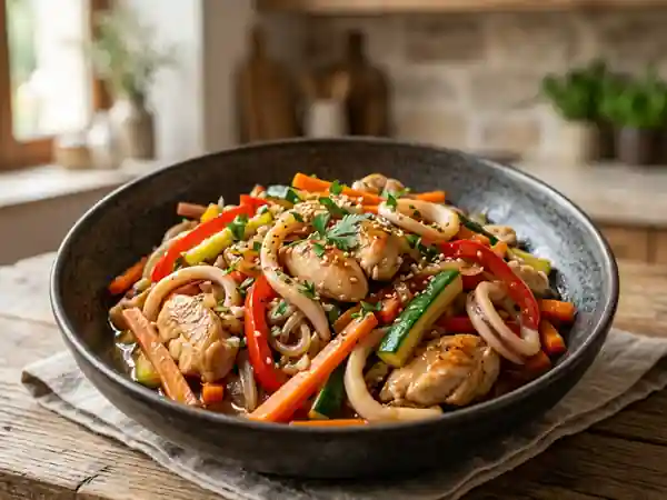 Sauté de poulet et calamar aux légumes croquants - Photo de présentation