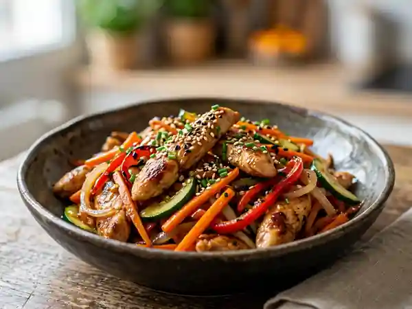 Poulet sauté et légumes croquants au wok - Photo de présentation