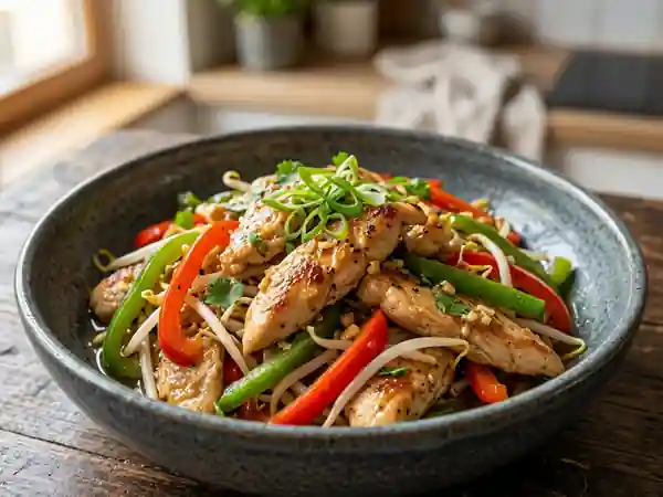 Wok de poulet croquant aux poivrons et soja - Photo de présentation