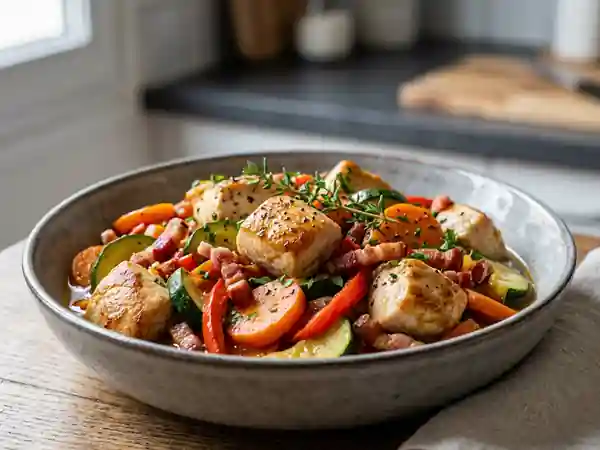 Poêlée de poulet fondant aux lardons fumés - Photo de présentation