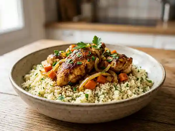Poulet parfumé au ras el hanout et semoule fine - Photo de présentation