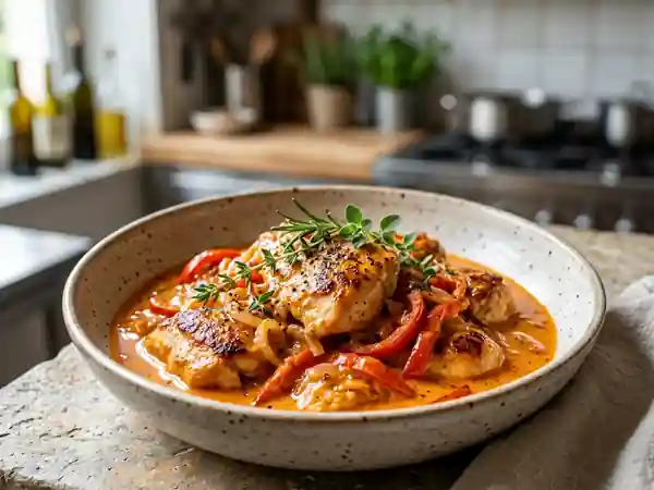 Poulet Victoria fondant à la crème et poivrons - Photo de présentation