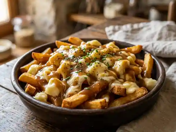 Poutine Québécoise Traditionnelle : Frites, Fromage en Crottes et Sauce Brune Maison - Photo de présentation