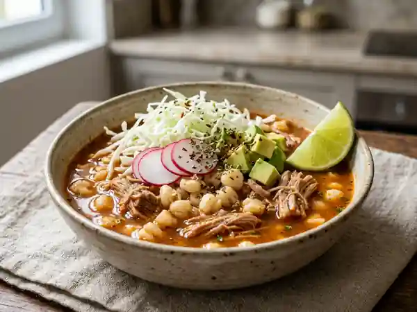Pozole mexicain traditionnel : soupe épicée au maïs et porc - Photo de présentation