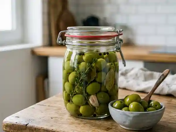 Olives vertes croquantes à l'ail et au thym - Photo de présentation