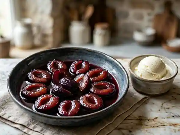 Prunes fondantes au vin rouge épicé - Photo de présentation