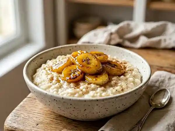 Pudding de riz crémeux aux bananes caramélisées - Photo de présentation