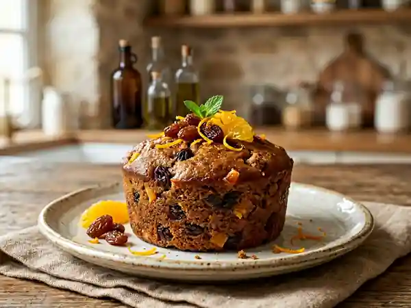 Pudding gourmand au pain d'épices, oranges et raisins secs - Photo de présentation