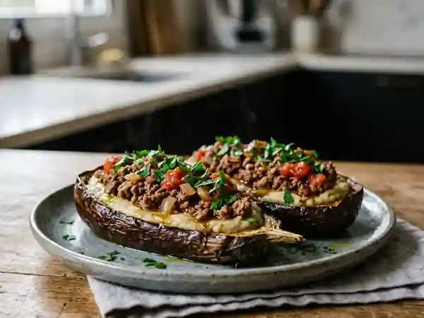 Purée d'aubergines onctueuse avec farce savoureuse - Photo de présentation