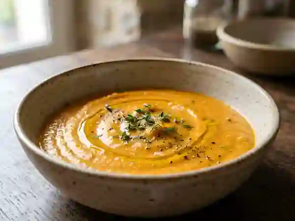 Purée de carottes soyeuse au bouillon de poule - Photo de présentation