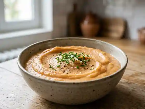 Purée onctueuse de carottes et pommes de terre à la couleur rose naturelle - Photo de présentation