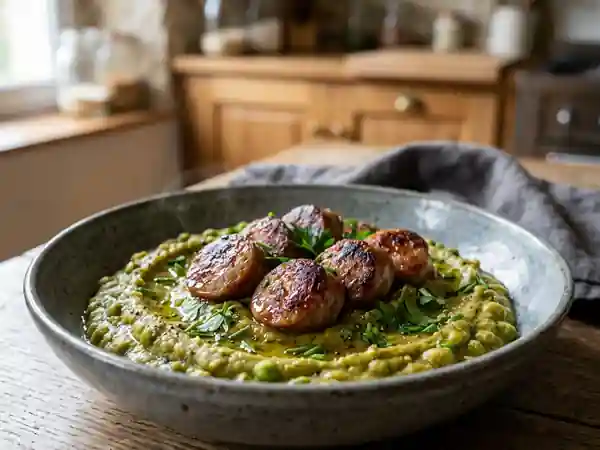 Purée onctueuse de pois cassés et saucisses - Photo de présentation