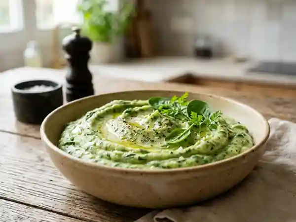 Purée verte onctueuse aux légumes frais - Photo de présentation