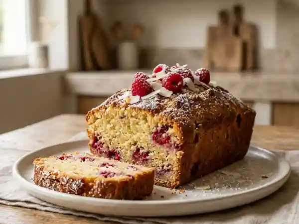 Quatre-quarts moelleux à la noix de coco et framboises fraîches - Photo de présentation