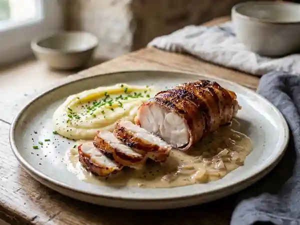 Queue de lotte enroulée de lard croustillant, sauce au vin blanc - Photo de présentation
