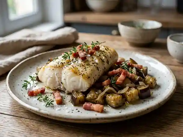Lotte nacrée aux aubergines et lardons fumés - Photo de présentation