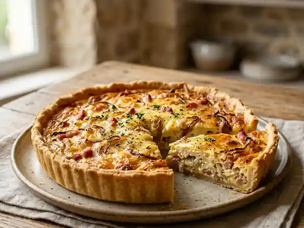 Quiche crémeuse aux oignons et lardons fumés - Photo de présentation