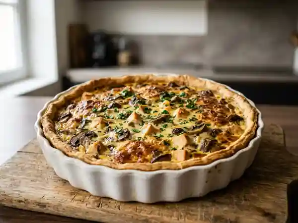 Quiche épaisse au poulet et champignons fondants - Photo de présentation
