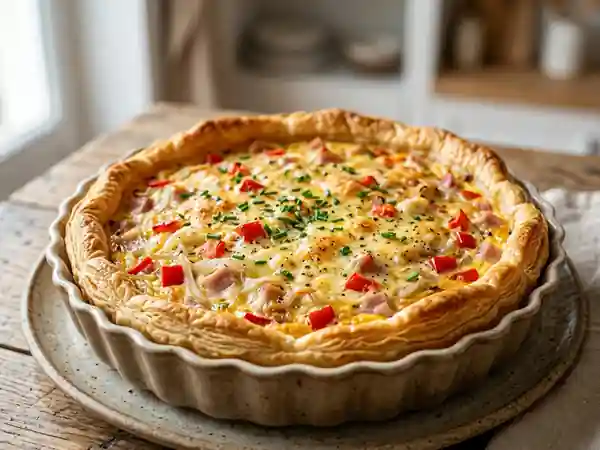Quiche feuilletée généreuse aux légumes et fromage - Photo de présentation