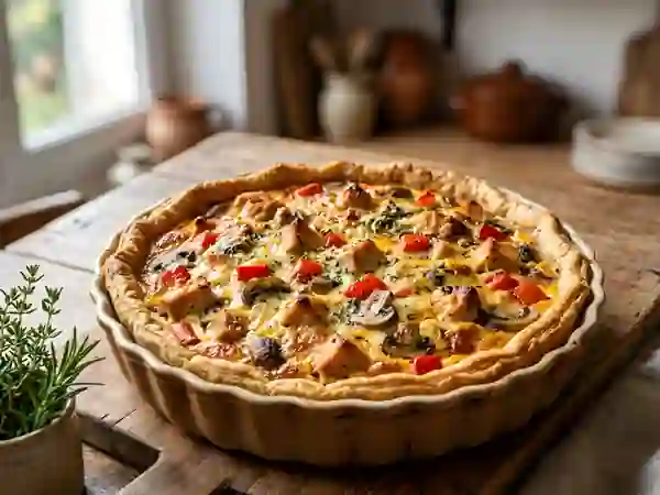 Quiche fondante poulet, poivrons et champignons - Photo de présentation