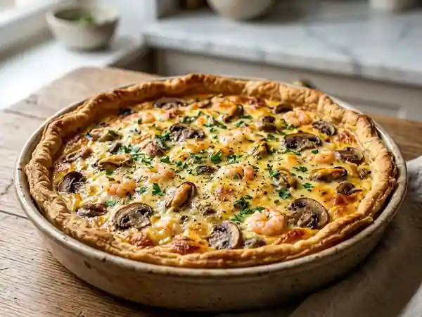 Quiche gourmande aux champignons, crevettes et moules - Photo de présentation