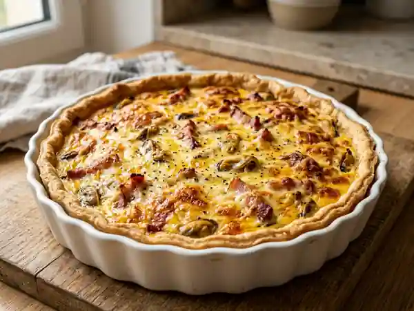 Quiche gourmande aux lardons, gruyère et moules fraîches - Photo de présentation