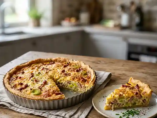 Quiche gourmande aux lardons, poireaux et oignons - Photo de présentation