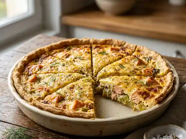 Quiche gourmande aux poireaux et saumon frais - Photo de présentation