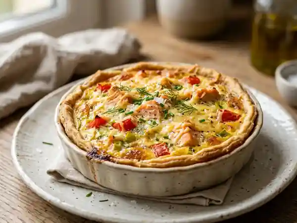 Quiche gourmande aux poireaux, tomates fraîches et saumon - Photo de présentation