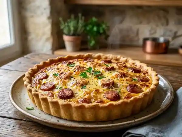 Quiche savoureuse à la choucroute et saucisse - Photo de présentation