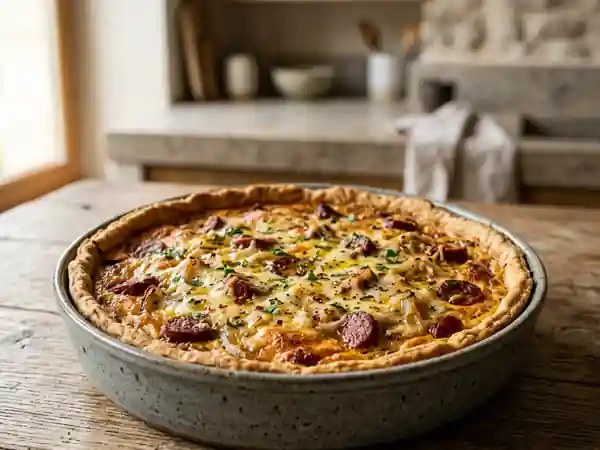 Quiche savoureuse à la saucisse turque et aux épices - Photo de présentation