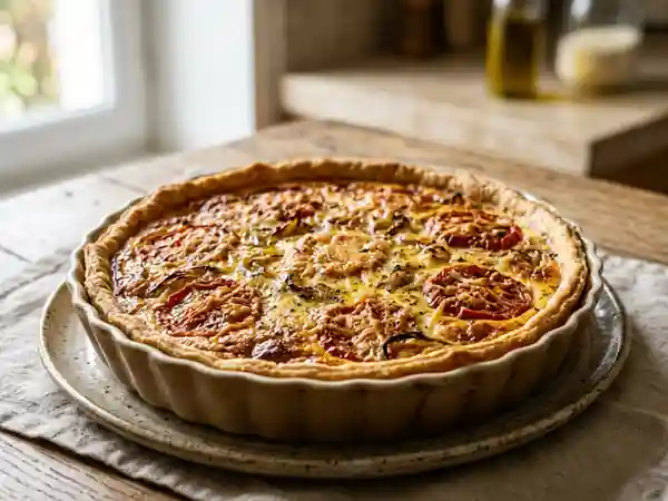 Quiche savoureuse à la tomate et aux oignons - Photo de présentation