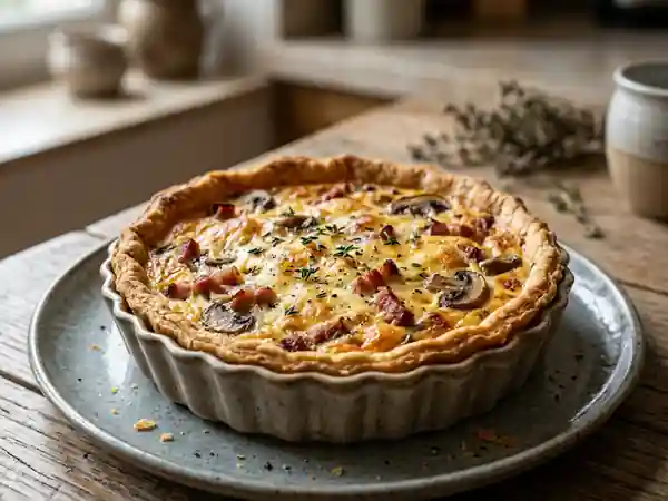 Quiche savoureuse au lard fumé et champignons frais - Photo de présentation