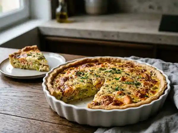 Quiche savoureuse au poireau et saumon fumé pour une personne - Photo de présentation